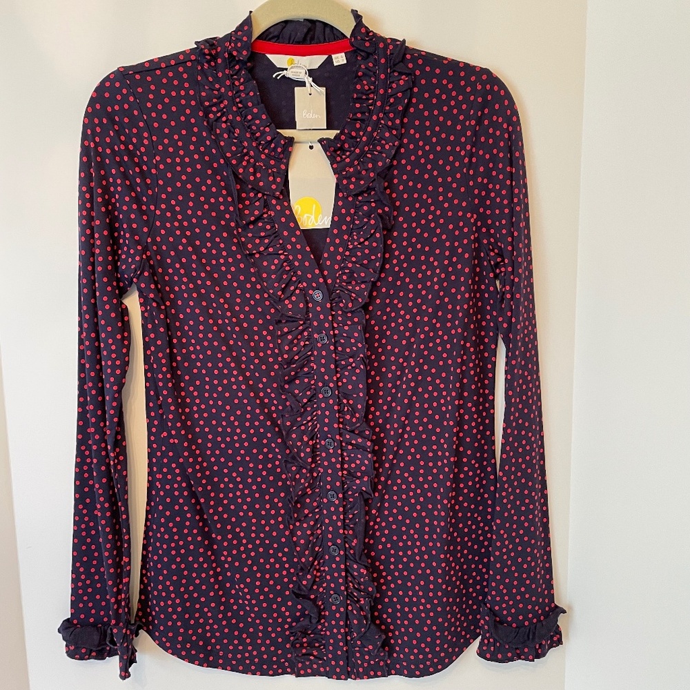 Boden Alberta Jersey Ruffle Top 2 Navy Blue Red Spot NWT